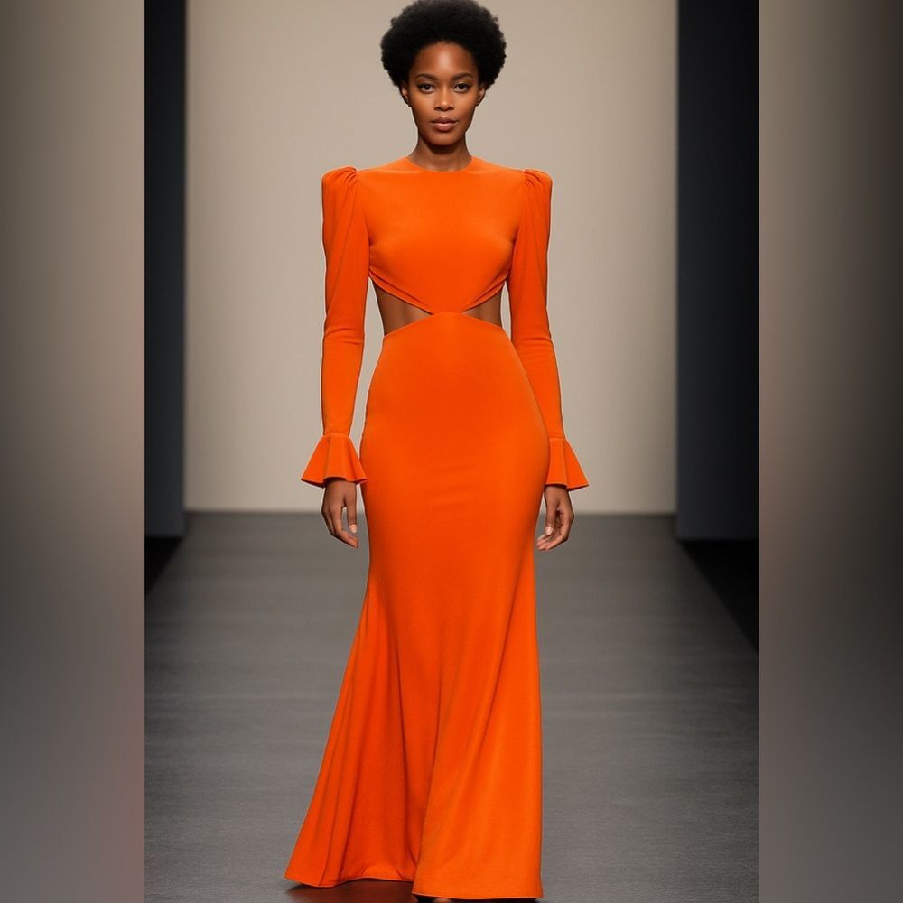 NWT Women's Mac Duggal Puff-Sleeve‎ Cut-Out Trumpet Gown in Size 8 - Picture 3 of 7